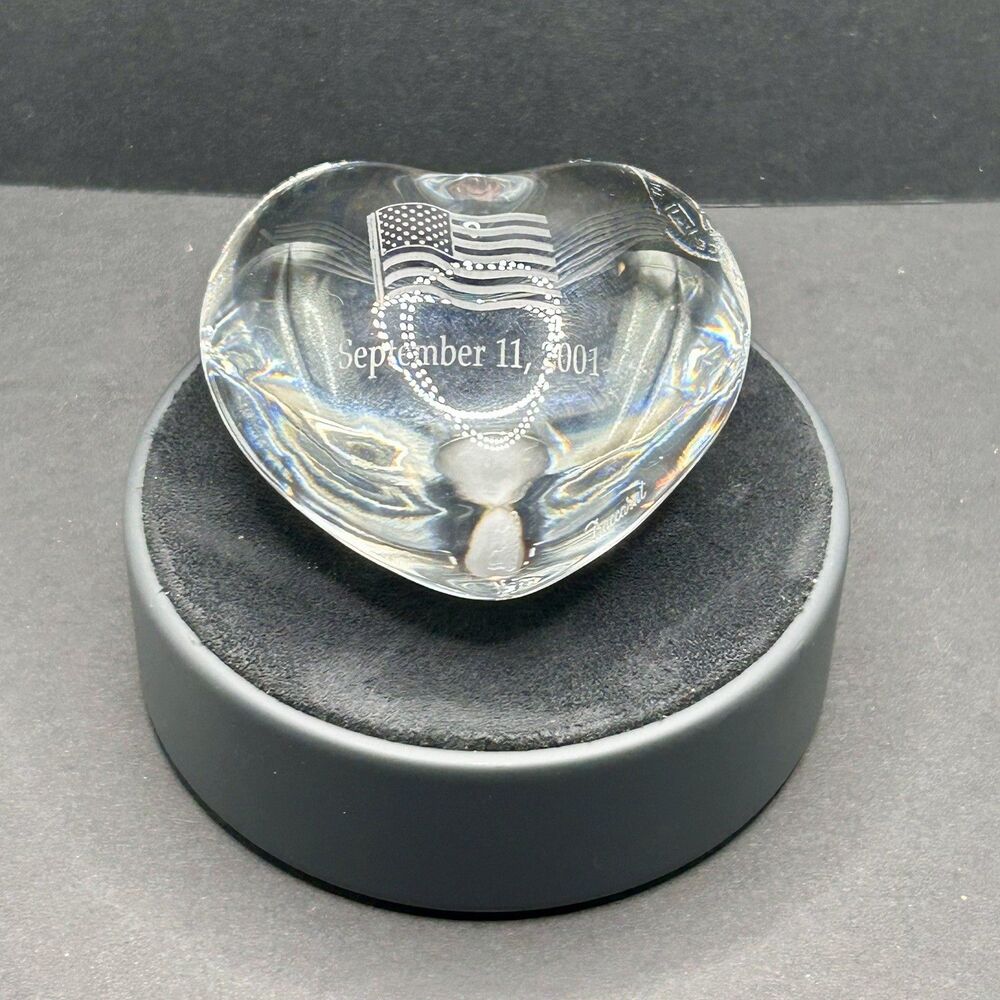 Baccarat Crystal Heart Paperweight Puffed -September 11, 2001 Flag with Stand